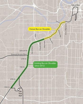 This map shows where buses now run on the shoulder of I-35 and where they would be allowed to operate if a bill is approved by the Kansas Legislature.