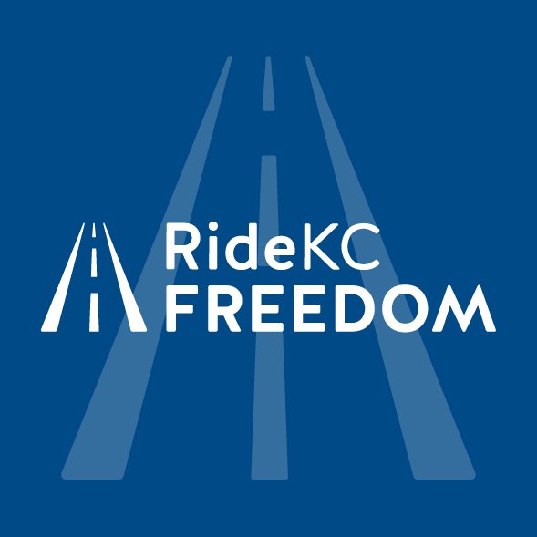 RideKC Freedom logo. White text on blue background with road icon. 