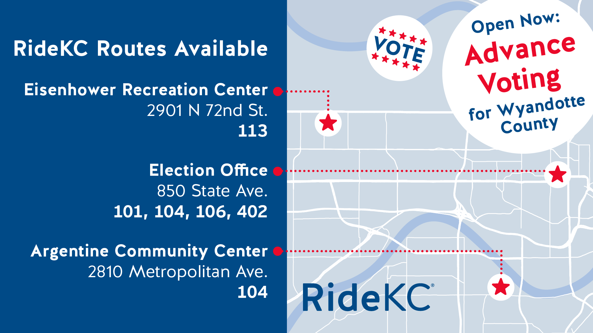 Wyandotte County advance voting locations with associated transit routes. 