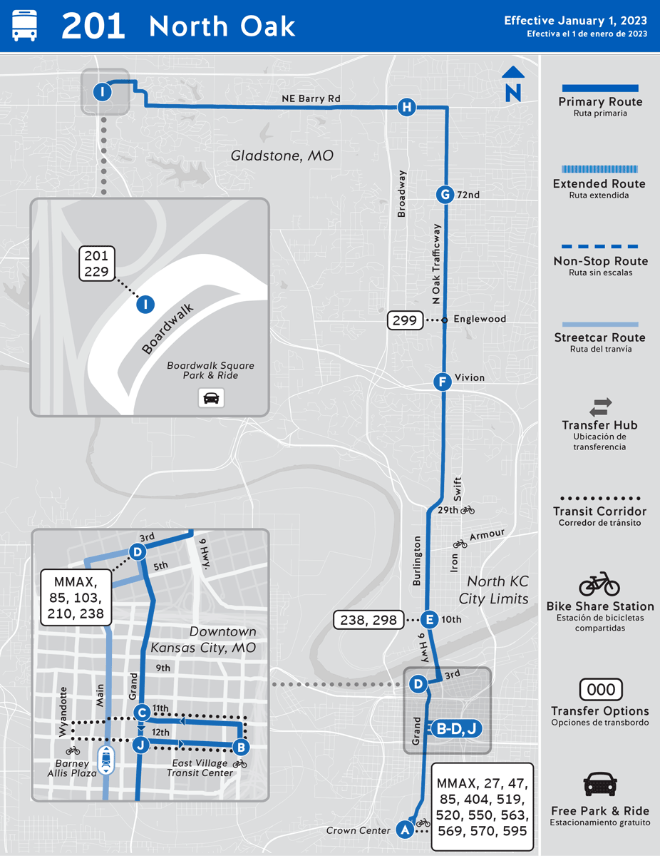Map of 201 North Oak bus route